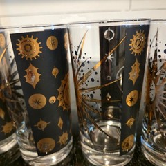 Vintage Fred Press Atomic Sunburst Glasses Black 22K Gold Barware Set MCM 6 cups