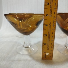 VTG Hand Blown Glassware (4) Etched Amber Stem Martini Cocktail Dessert 5″