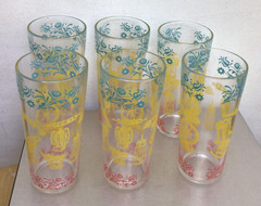 6 Vintage HAZEL ATLAS AMERICANA GLASSES Aqua Yellow Pink Rocking Chair, Spinning