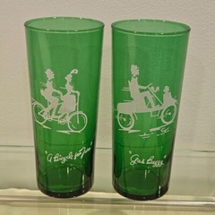Vintage Anchor Hocking Set of 2 Gas Buggy & Bike Forest Green Highball Glasses