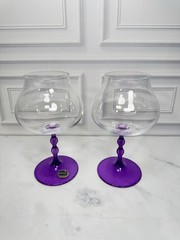 Pair Bohemia Crystal Czech Republic Amethyst Purple Stem Wine Goblets Glasses