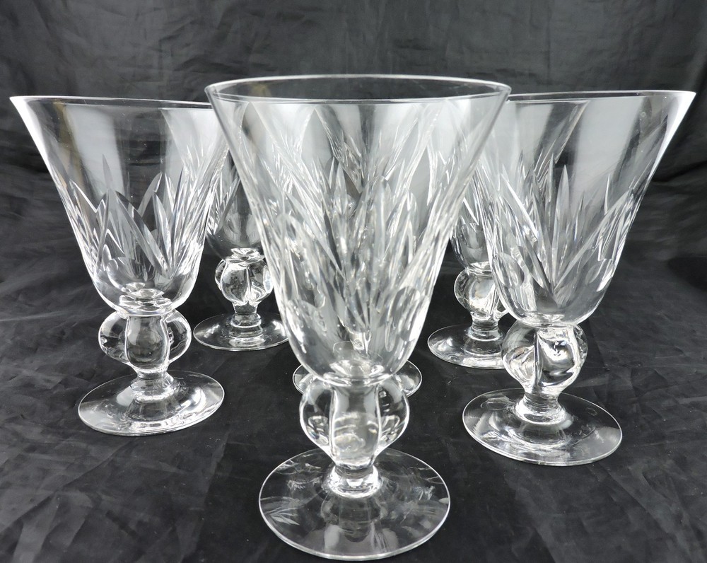 VINTAGE CUT GLASS OR CRYSTAL WATER WINE SET 7 FAN THUMBPRINT PATTERN CHUNKY STEM