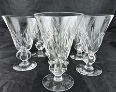 VINTAGE CUT GLASS OR CRYSTAL WATER WINE SET 7 FAN THUMBPRINT PATTERN CHUNKY STEM