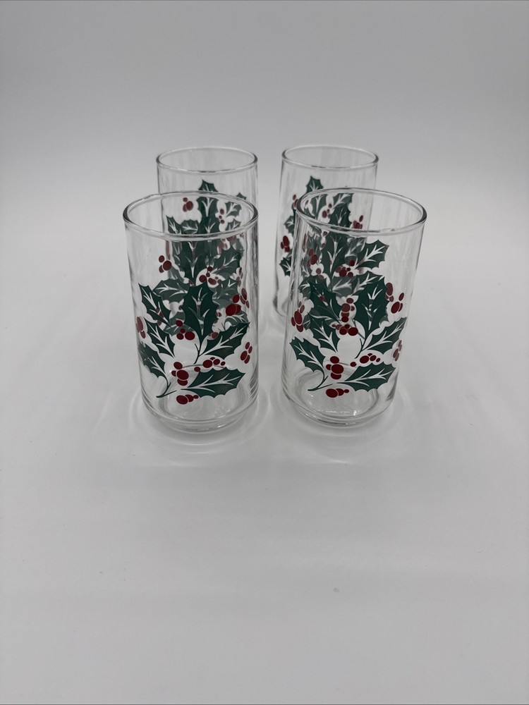 Vintage Holly Christmas Glasses Tumblers 4 Holly Berries 5″ Criss Indiana Glass