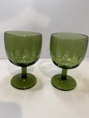 Two Vintage Indiana Green Goblets Thumbprint Pattern Mid 20th C, H 6” W 3 3/4”