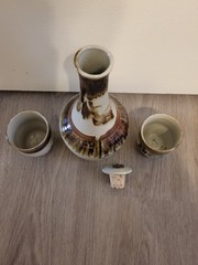 Vintage Pottery Decanter 2 Cups Hand Glaze Cork Stopper Brown