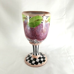 Plum Wine Goblet Hand-Painted Pottery 7″ Tall Signed