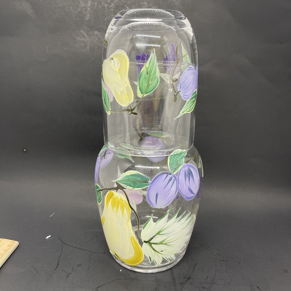 Hand Painted Tumble Up Glass Bedside Carafe & Glass Set Pears, Plum & Grapes