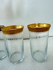 SET OF 6 VINTAGE CLEAR GLASS CUPS GOLD GILT RIM FLORAL SCROLL BARWARE