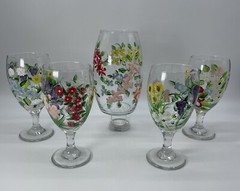 Artisan Made Carafe Blown Glass Wine Water Goblets 4-12 Oz Glasses & 48 Oz Vase