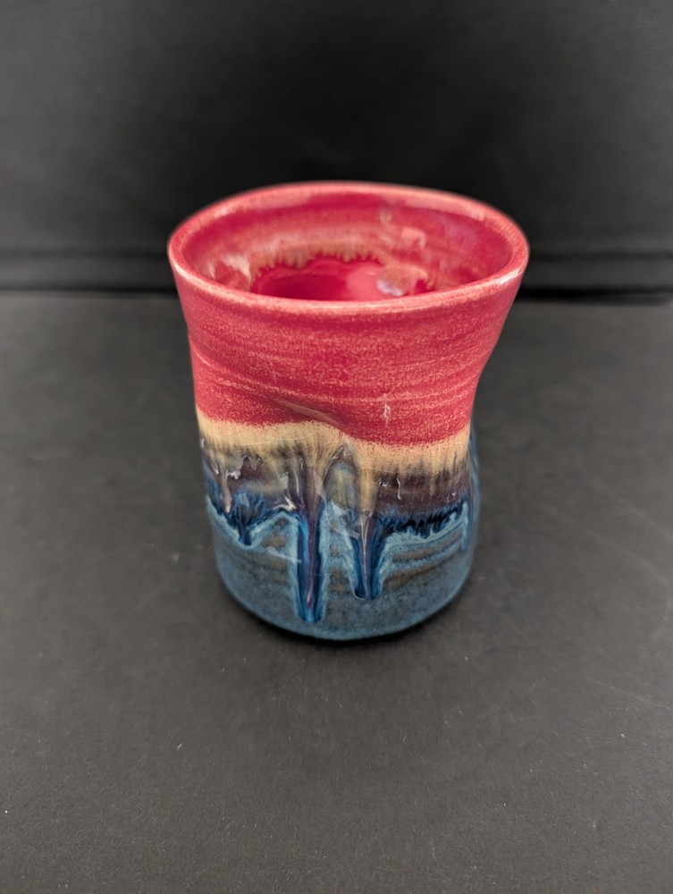 Parsley Pottery Handmade Ceramic Tumbler / Handleless Mug – Red over Blue Glaze