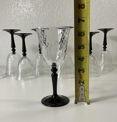 Vintage Set of 8 Black Stem Wine Glasses Swirl Optic Clear Glass Goblets