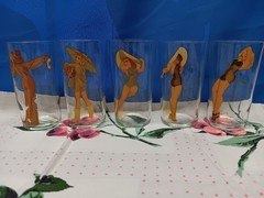 Vtg Set 5 George Petty Pin Up Peek A Boo Glasses Drinkware, 4.75×2.5in