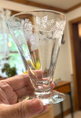 Vintage 3 Crystal Etched Flower Cocktail Glasses, has a Green Manganese Glow