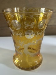 19th Century Bohemian Footed Glass ~ Amber Flashed & Engraved 4 3/4” x 3 1/2