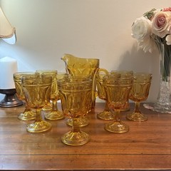 Vintage Anchor Hocking Fairfield Amber Pitcher+ Stem Goblets set of 10 EUC