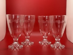 Set of 4 Vintage Clear Glass Goblets with Etched Berries and Bubble Base!