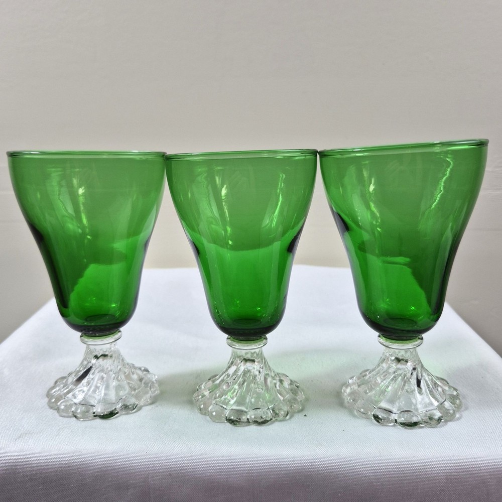 Set of 3 Emerald Green Goblets Clear Pressed Glass Pedestal Wine Water Glasses