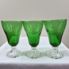 Set of 3 Emerald Green Goblets Clear Pressed Glass Pedestal Wine Water Glasses