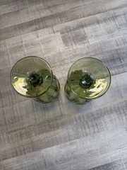 Libbey Set of 2 Vintage Olive Green Pressed Glass Wine Goblets 6.75”