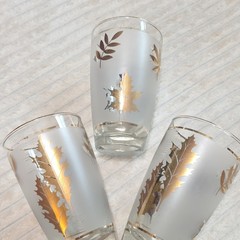 Set of 3 Vintage Libbey Golden Foliage Gold Leaf Frosted Highball Glasses 12oz.