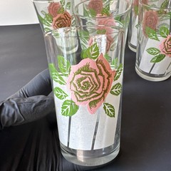 Set of 6 Vintage Pink Rose Floral 4” Juice Drinking Glasses Tumblers Retro