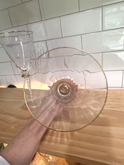 2 Bella Lux Wine Glass Champagne Flute Optic Paneled Air Twist Stem Gold Rim NWT