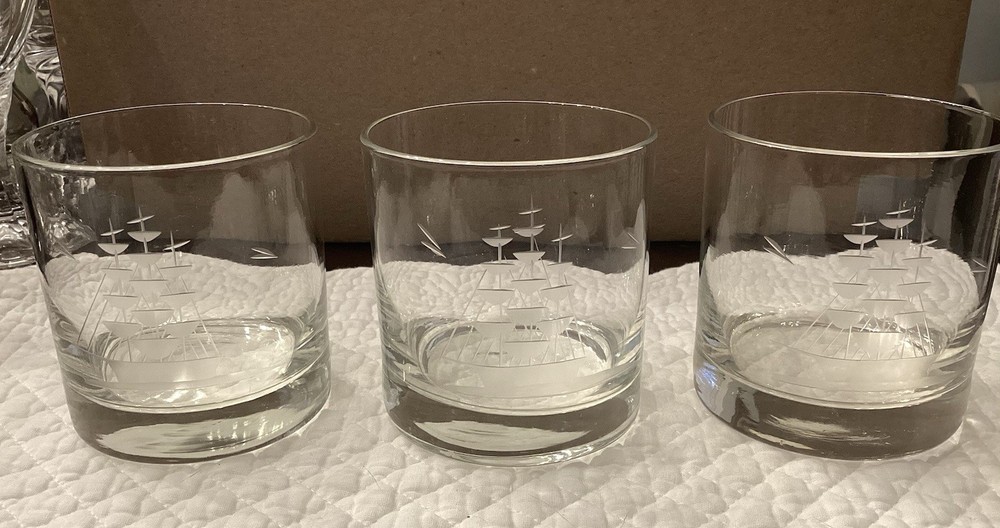 Vintage Javit Crystal Clipper Ship Etched Lowball Glasses – Set Of 3