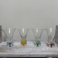 4 Vintage Cordial Glasses 4″ Multi-Color Blue Green Yellow Red Mini Martini Shot