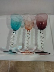 Cordial Drinking Glasses Set Of 3 Long stem Hand Blown Twisted Stem Multicolored