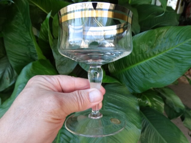 Unknown Maker UNK4693 Blown Clear Glass Platinum Gold Band Tall Champagne VGUC