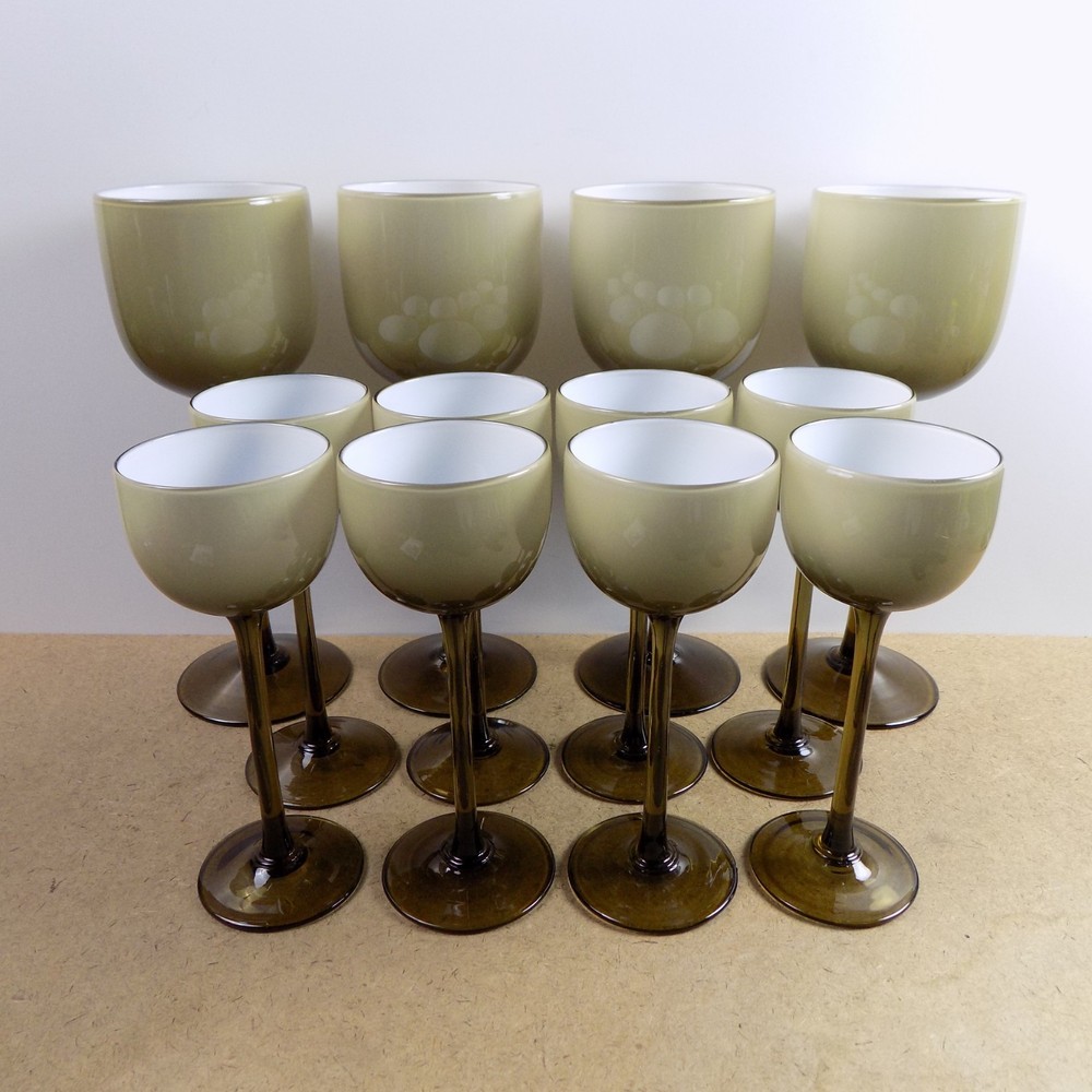 12 Carlo Moretti Murano Glass Amber Taupe Cased White Goblets Water & Wine VGC