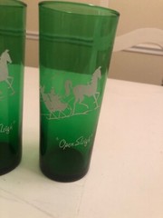 Vintage Christmas Barware 4 Anchor Hocking Forest Green Tumbler Open Sleigh Xmas