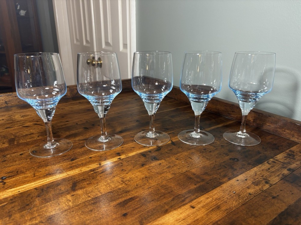 Sasaki Set of 5 Azure Water/Wine Glasses/Goblets 6 7/8″ Light Blue Vintage