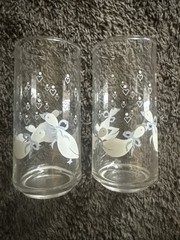 2 Vtg Libbey Drinking Glasses Country White Goose Geese Duck Blue Ribbon Bow