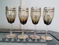 4 Vintage Sterling Silver overlay Venetian Glass Goblets Art Deco Smokey Topaz