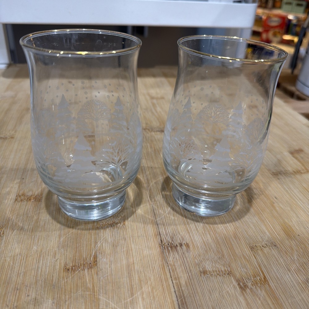 VTG 2 Libbey Arby’s Christmas Glasses Winter White Frosted Pine Tree Gold Rim *