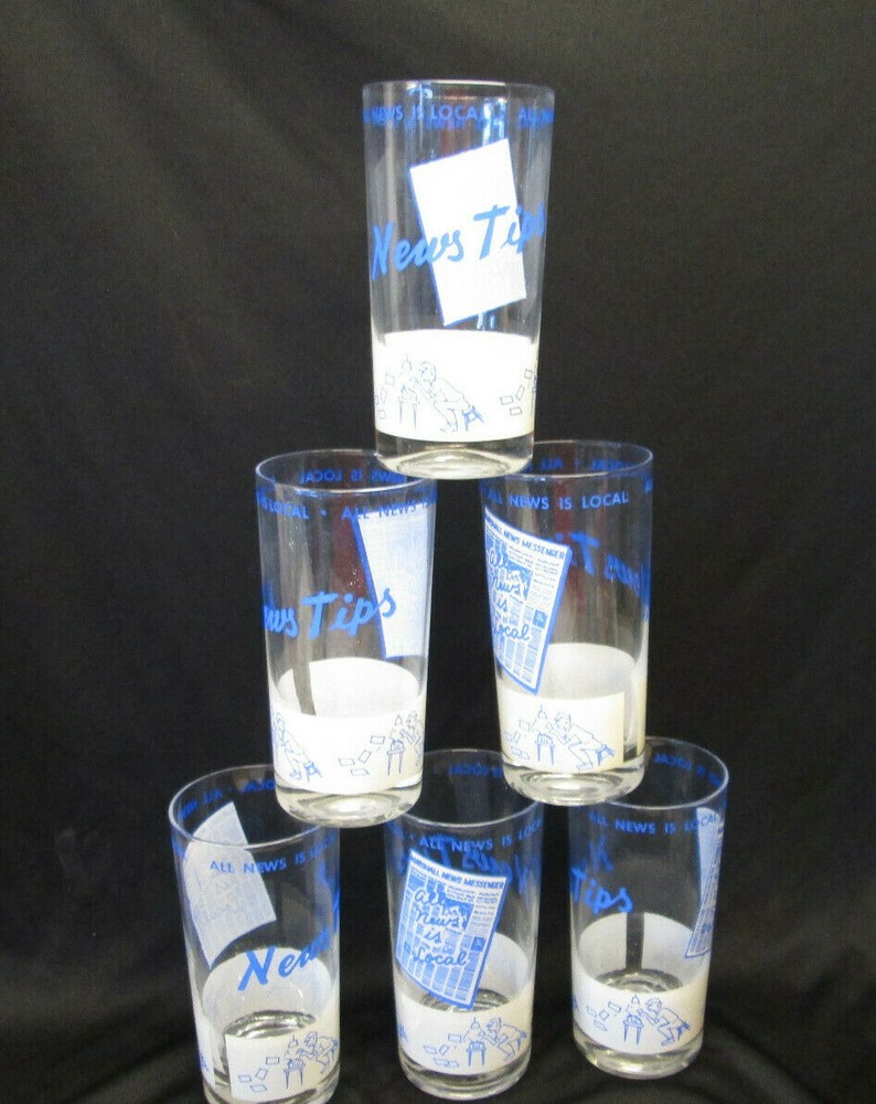 Set 6 Vintage Newspaper Newstips ALL NEWS IS LOCAL Headline Tumblers Glasses 5.5