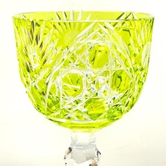 Vintage Bohemian Cased Chartreuse Green Cut-To-Clear Crystal Wine Glass Goblet