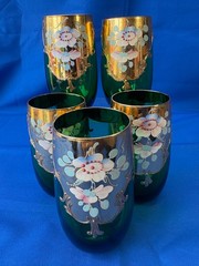 5 Bohemian 24K Gold Emerald Green 5″ Tumblers Hand Painted Raised Enamel Flowers