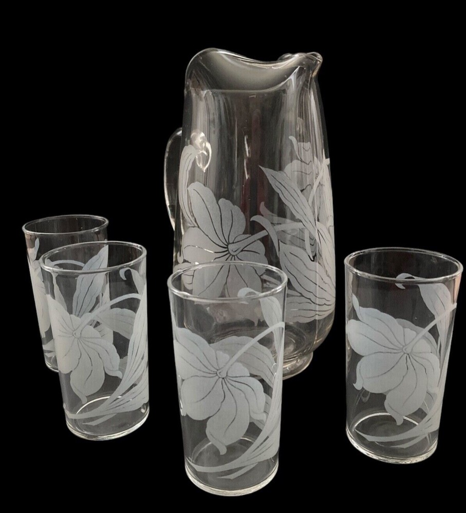 VIN 1950’s Etched Floral Pitcher and 4 Floral Tumblers Libbey Etched Glass