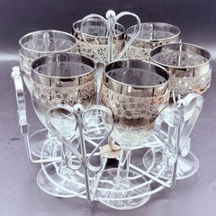 Vtg Vitreon Queens Lusterware Wine Glasses 7 Pc Chrome Heart Caddy Silver Ombre