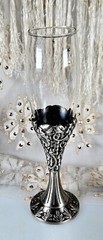 Set of 2 Pewter Base Grape Vine & Leaves Glass Champagne Flutes 8.5″H