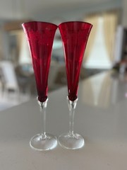 Lenox Holiday Gems Ruby Red Champagne Flutes Set of 2 Etched Holly Czech Vintage