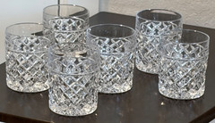 6 VINTAGE DIAMOND CUT DOUBLE OLD FASHIONED CRYSTAL CLEAR SCOTCH GLASSES 3 3/4″