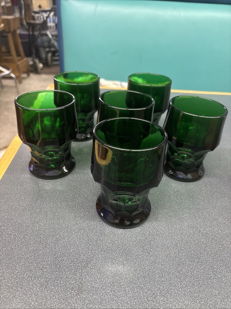 6 Vintage Anchor Hocking Georgian Forest Green Honeycomb Tumblers 8 oz