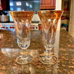Interglass Italy Crystal Champagne Flutes, Vtg Design 24kt Gold Hand Decorated