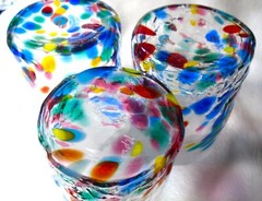 3 pcs Multi-Color Confetti Hand Blown Glass Set Pontil SIGNED Art
