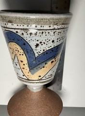 Hand Thrown Studio Pottery Goblets Wine Glass White Brown Blue Set Of 3 8 Oz