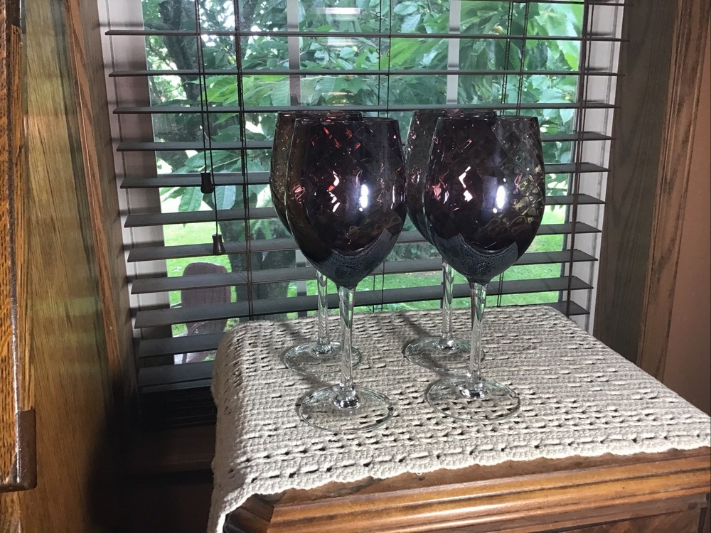 4 Stunning Amethyst Purple Optic Swirl 18 Oz 9 1/2” Wine Goblets Glasses